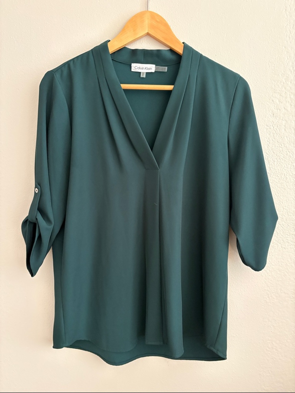 Calvin Klein Deep Teal V-Neck Roll-Sleeve Blouse